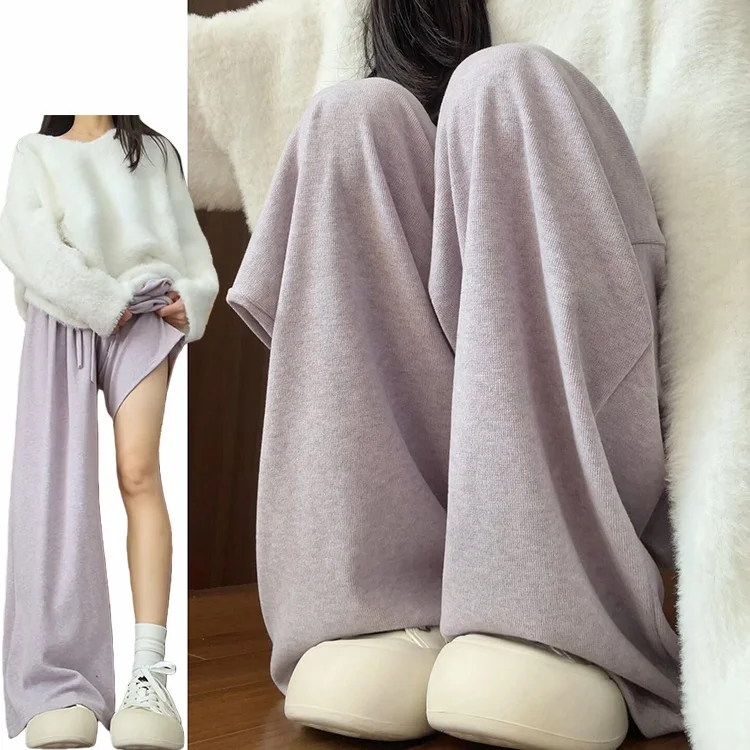 الأرجواني عالية الخصر محبوك لينة Dra مستقيم الساق السراويل النسائية الخريف الشتاء جديد كسول Sle الأرز المعكرونة السراويل بناطيل كاجوال