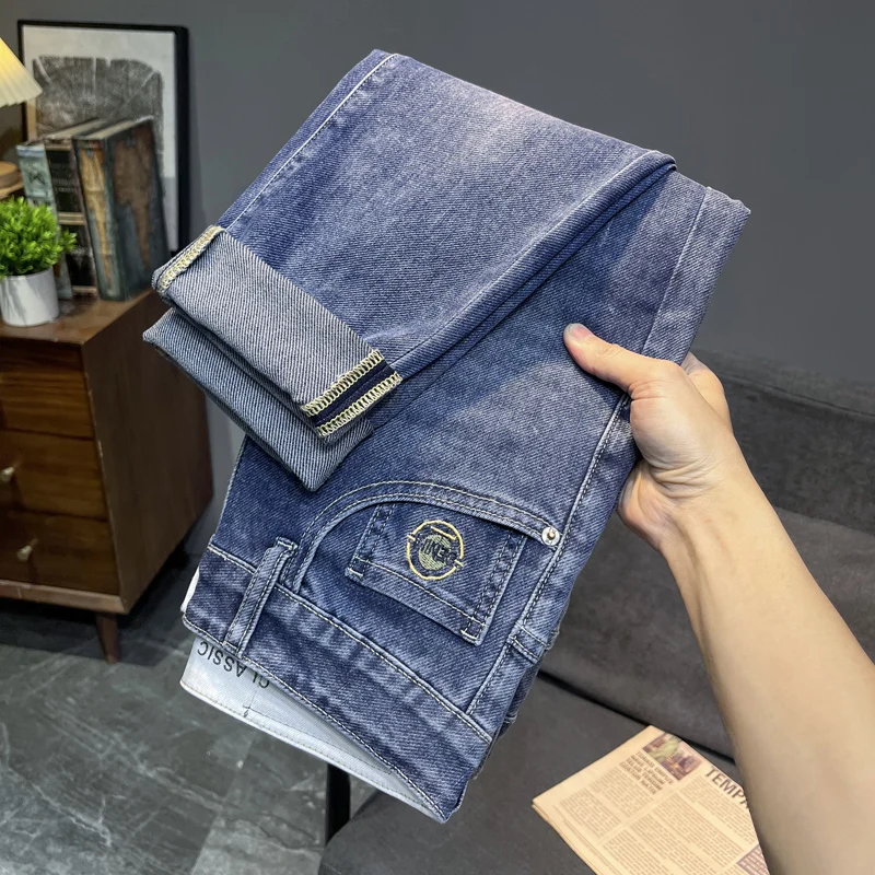 

Summer Thin Embroidered Jeans Men's Trendy Slim Fit Micro Harlan Elastic Casual Long Pants Cotton Stretch Denim mid Waist Zipper