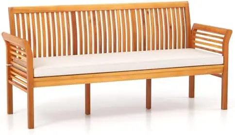 3-Seat Patio Acacia Wood Bench with Cushion, 62.5” Extra Long Outdoor Chair with Dense Slatted Backrest & Armrests