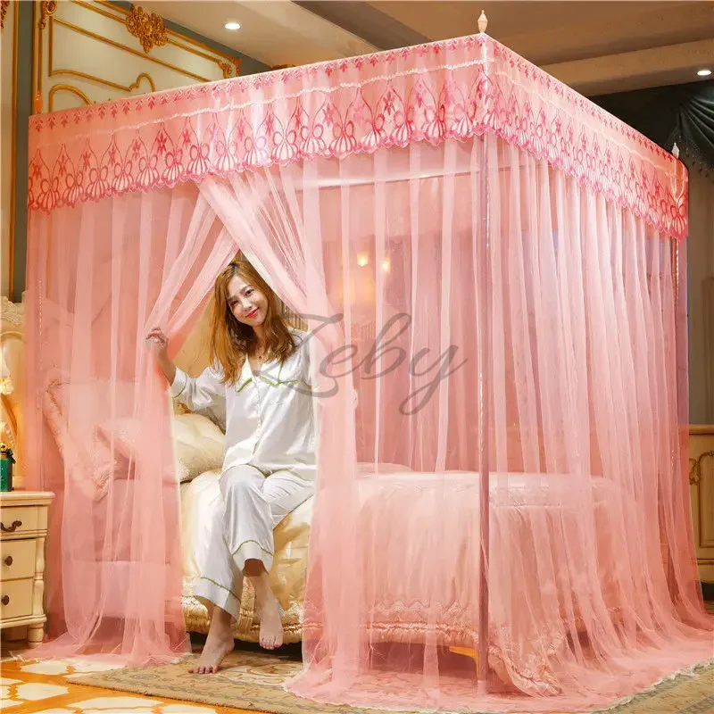Romantic Lace Pleated Mosquito Net Embroidery Breathable Square Queen Double Bed Net Canopy Not Included Stainless Steel Bracket