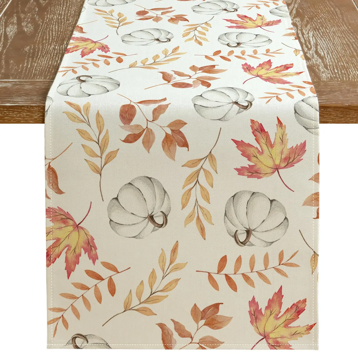 

Thanksgiving Table Runner, Pumpkin Maple Leaf, Seasonal Burlap, Farmhouse, Indoor, Autumn, Home Decor