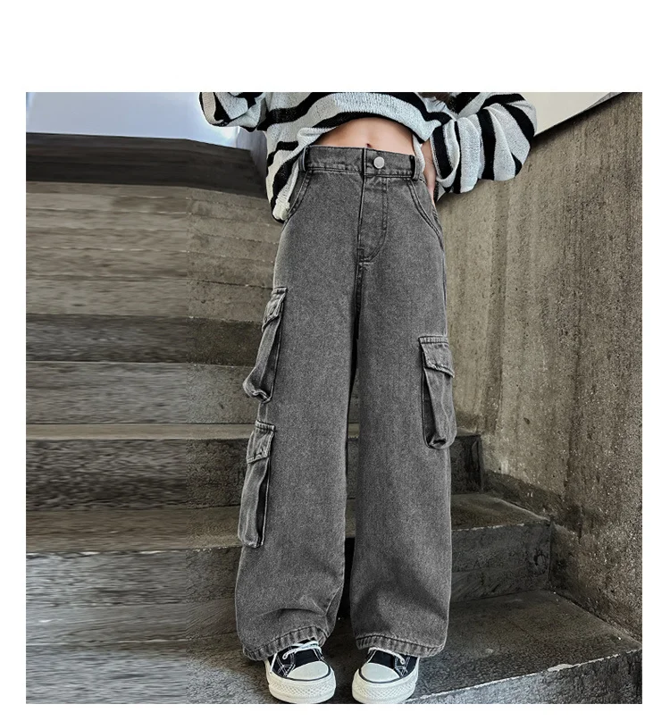 Retro Graue Cowgirl Cargo Jeans mit Taschen für Kinder, Lässige Denim-Hosen für Schule und Freizeit, Gerade Jeans für junge Mädchen – Detail 2