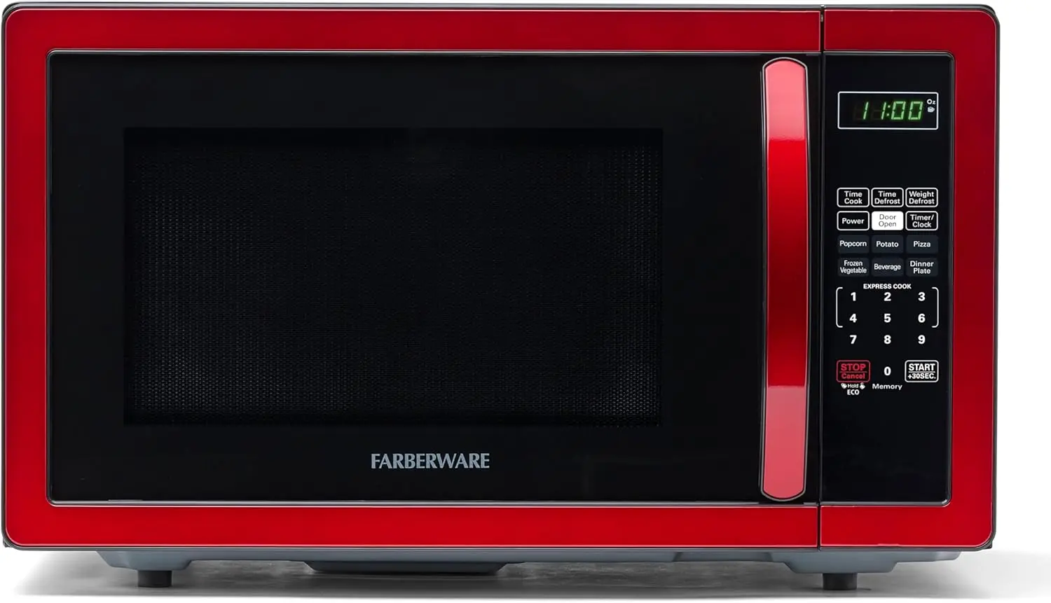 

1.1 Cu. Ft. Countertop Microwave – 1000W, Auto Cook, Defrost, Easy Clean, Child Lock, Metallic Red