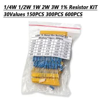 저항 1% 금속 필름 저항기 모음 키트 세트, 300PCs, 1/4W, 1/2W, 1W, 2W, 3W, 각 5/10PCs, 1 ~ 750 1K ~ 820, 30 값, 150PCs K 옴