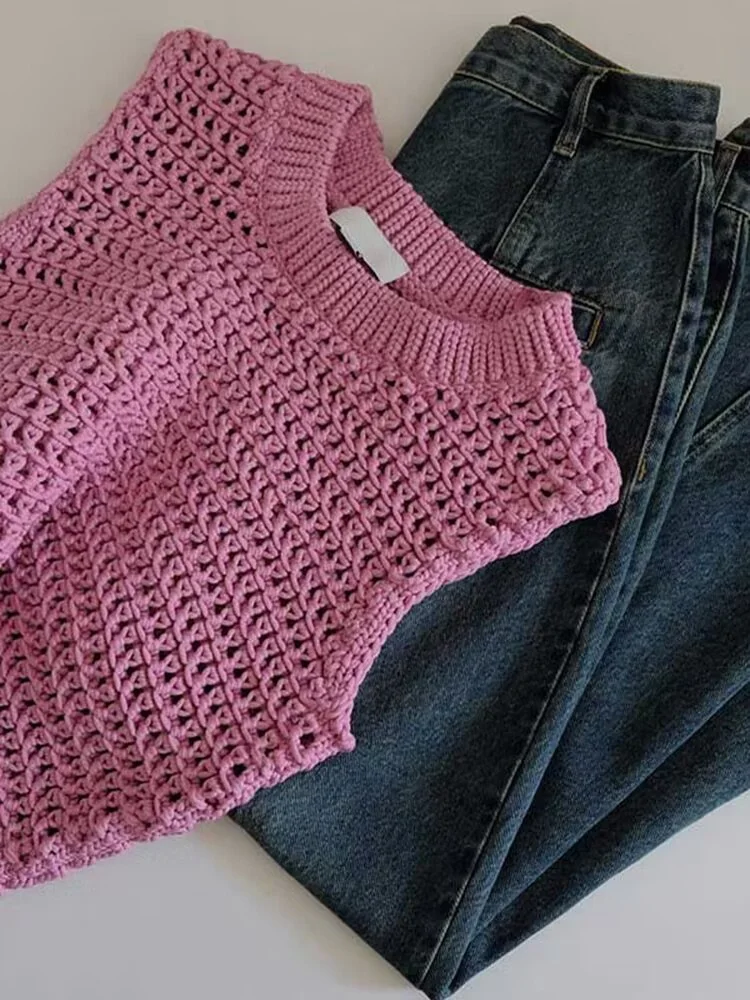 

Розовый вязаный жилет, женская внутренняя одежда, уникальный топ, летняя одежда для поездок на работу, чистый цвет, круглый дизайн, Fem Faion
