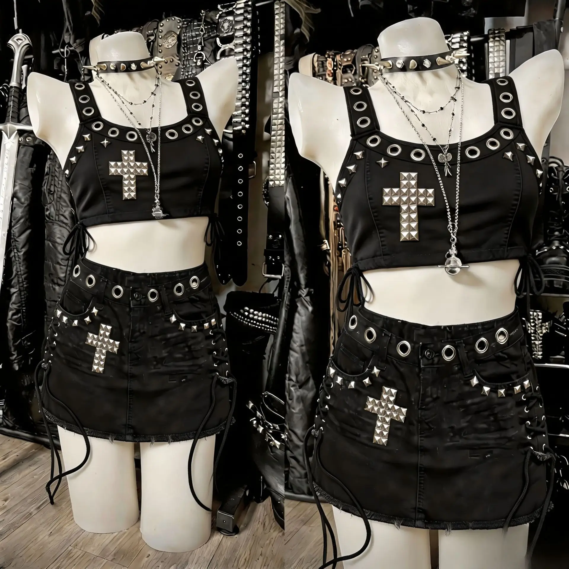 American punk rivet side drawstring strap low waist mini skirt summer dark retro sexy spicy girls style slim fit denim skirt emo