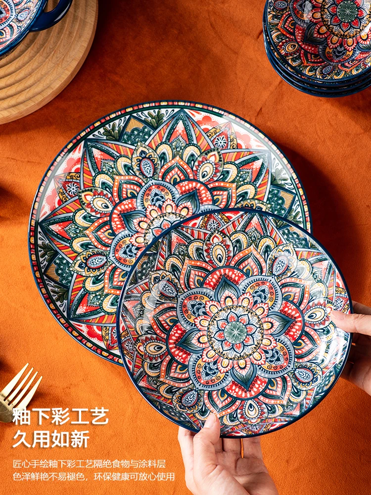 Bohemian ceramic dishes tableware household baking tray handle bowl high beauty rice bowl double ear soup bowl plate