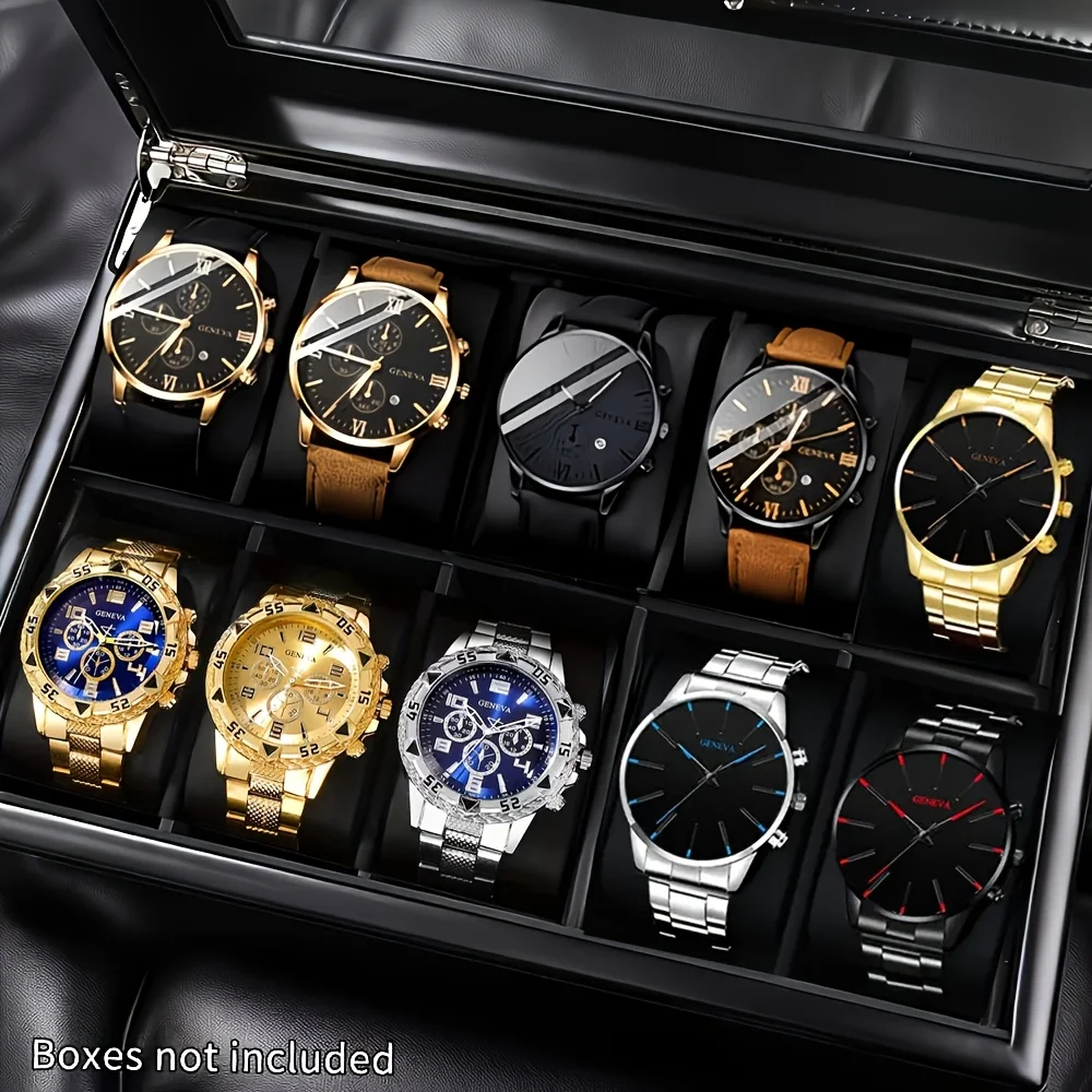 10-piece men's watch set, casual men's business watch, PU leather with stainless steel strap, multiple colors available