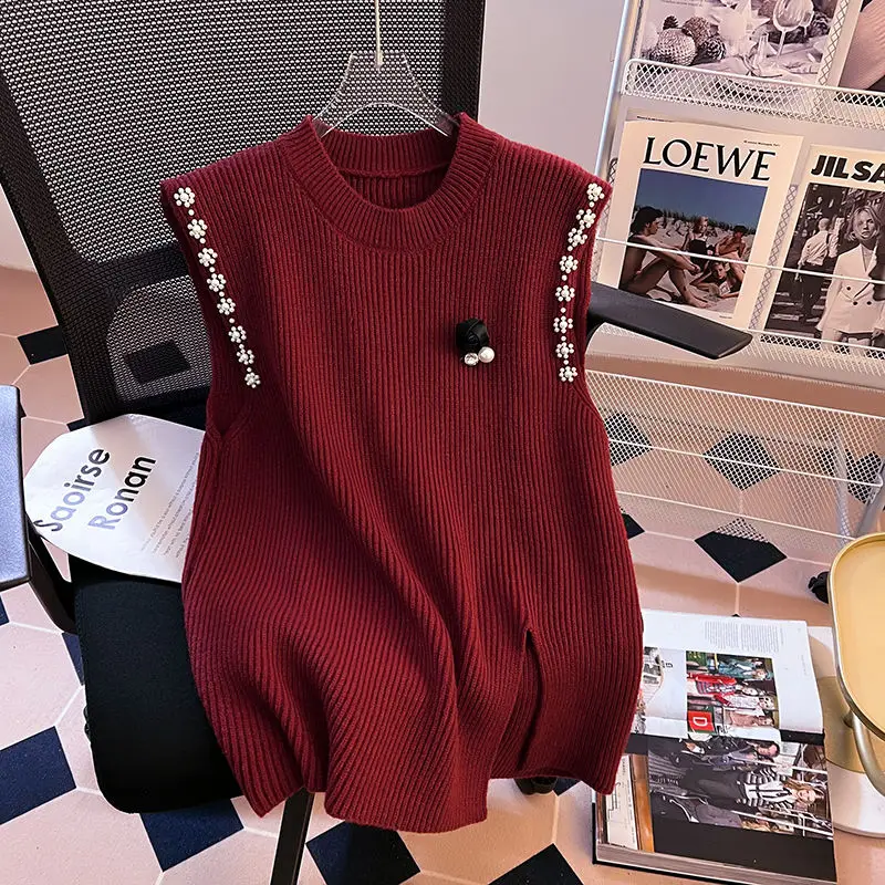 Spring Autumn New Sleeveless Temperament Split Hem Sweater Vest Loose Solid Fashion Pullovers Vintage Elegant Women Clothing