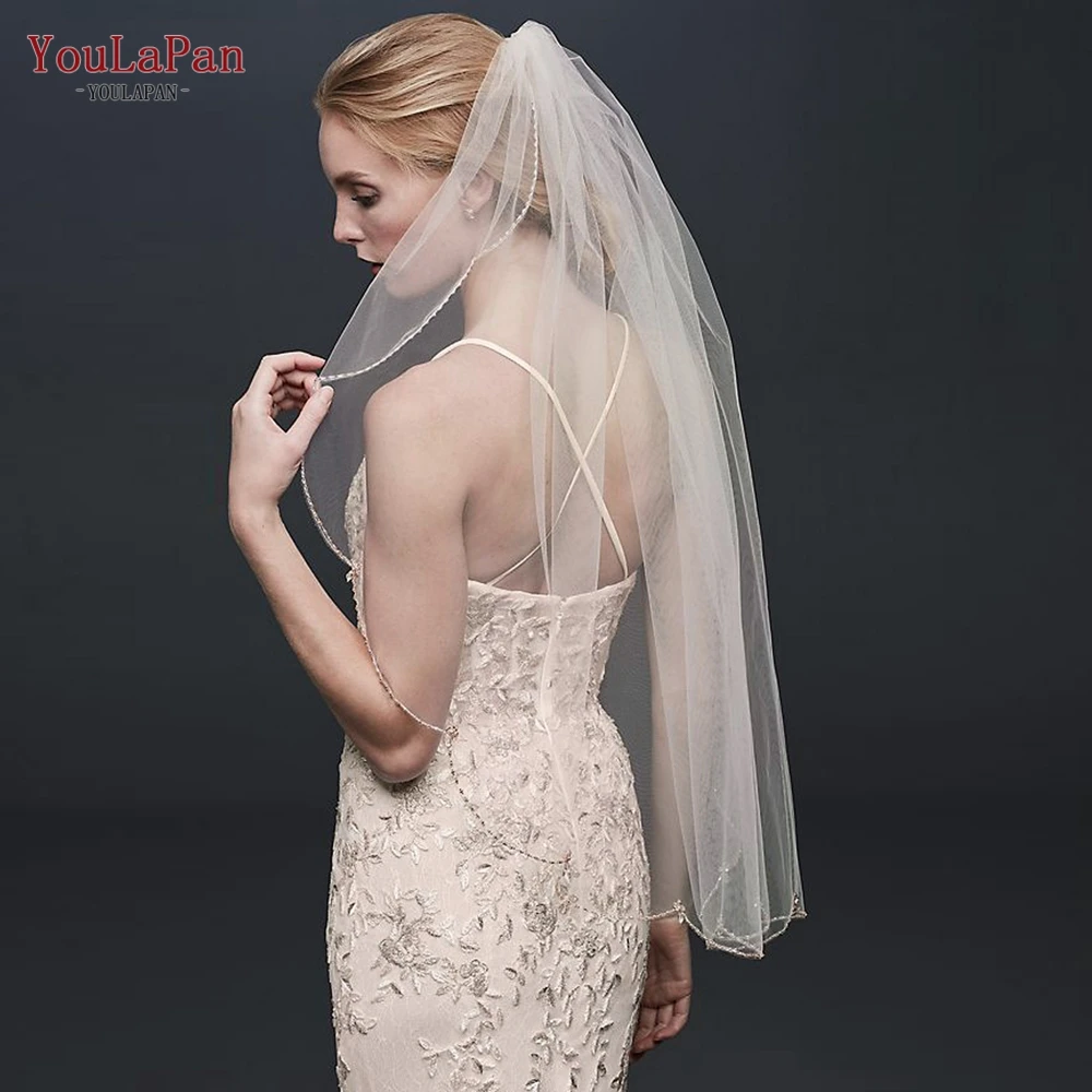 YouLaPan V118 Clear Crystal Edge Finlgertip Length Wedding Veil with Partial Trim Bridal Veils Wedding Crystal Beaded Boho Veil