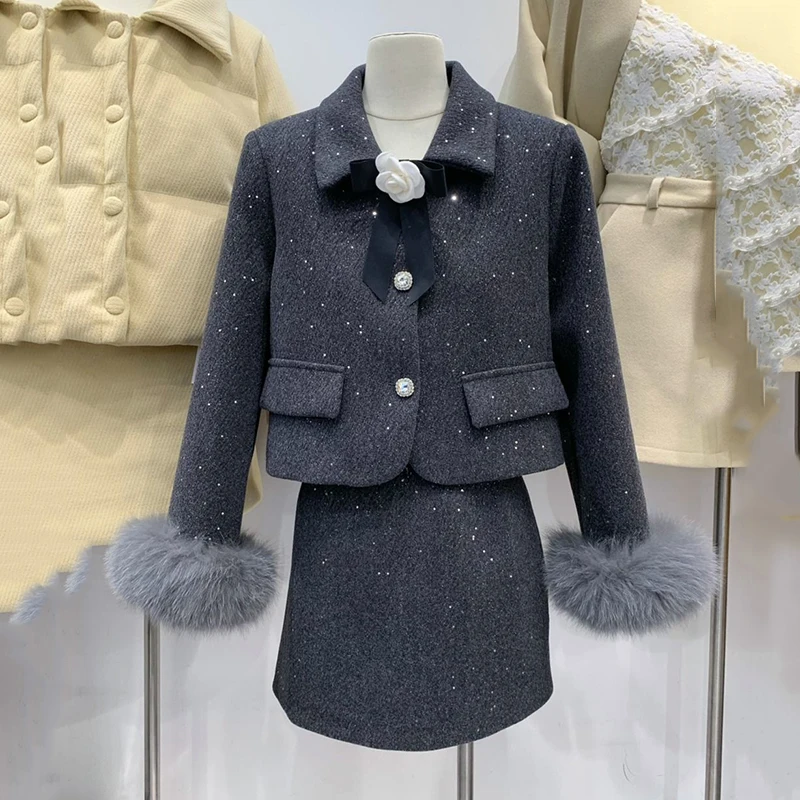 Spring Fashion Temperament Two Piece Skirt Set Small Fragrance Mini Skirt Two-piece Set Heiress Down Jacket with Short Skirt