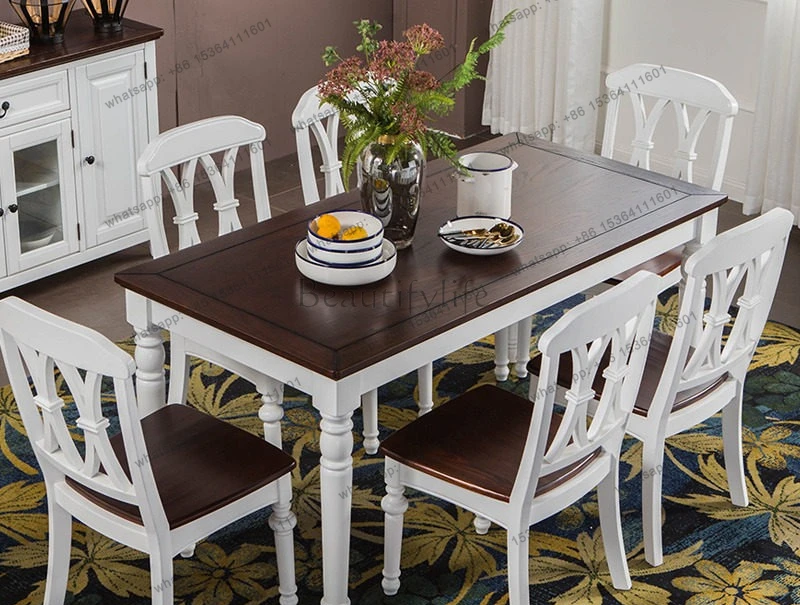 American all-solid wood dining table, simple modern white Mediterranean dining table