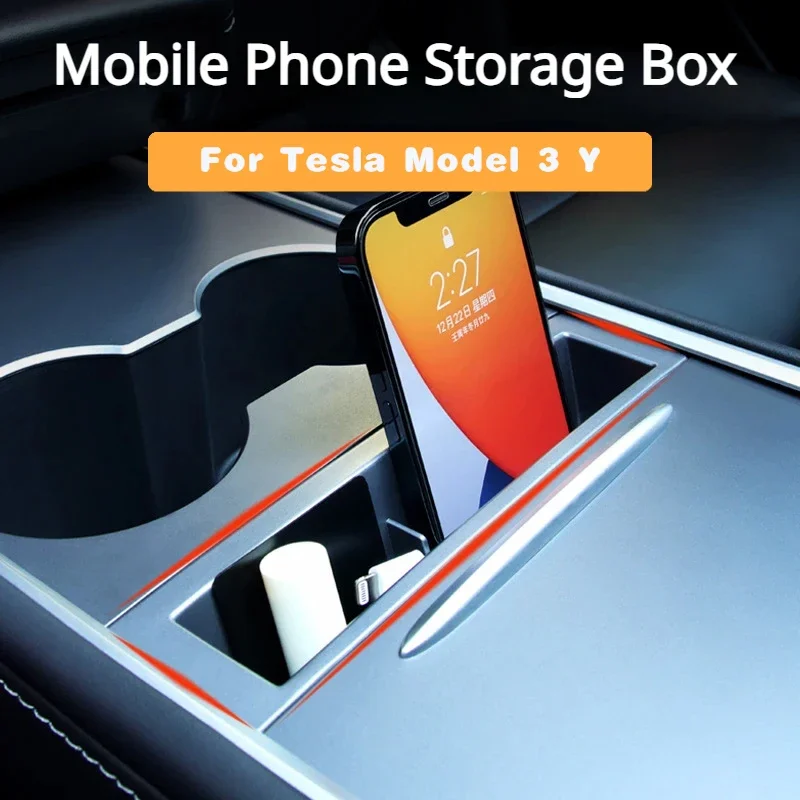 Mobile Phone Storage Box for Tesla Model 3 Y Central Control Embedded Card Key Phone Charging Cable Organizer Case 2021-2023