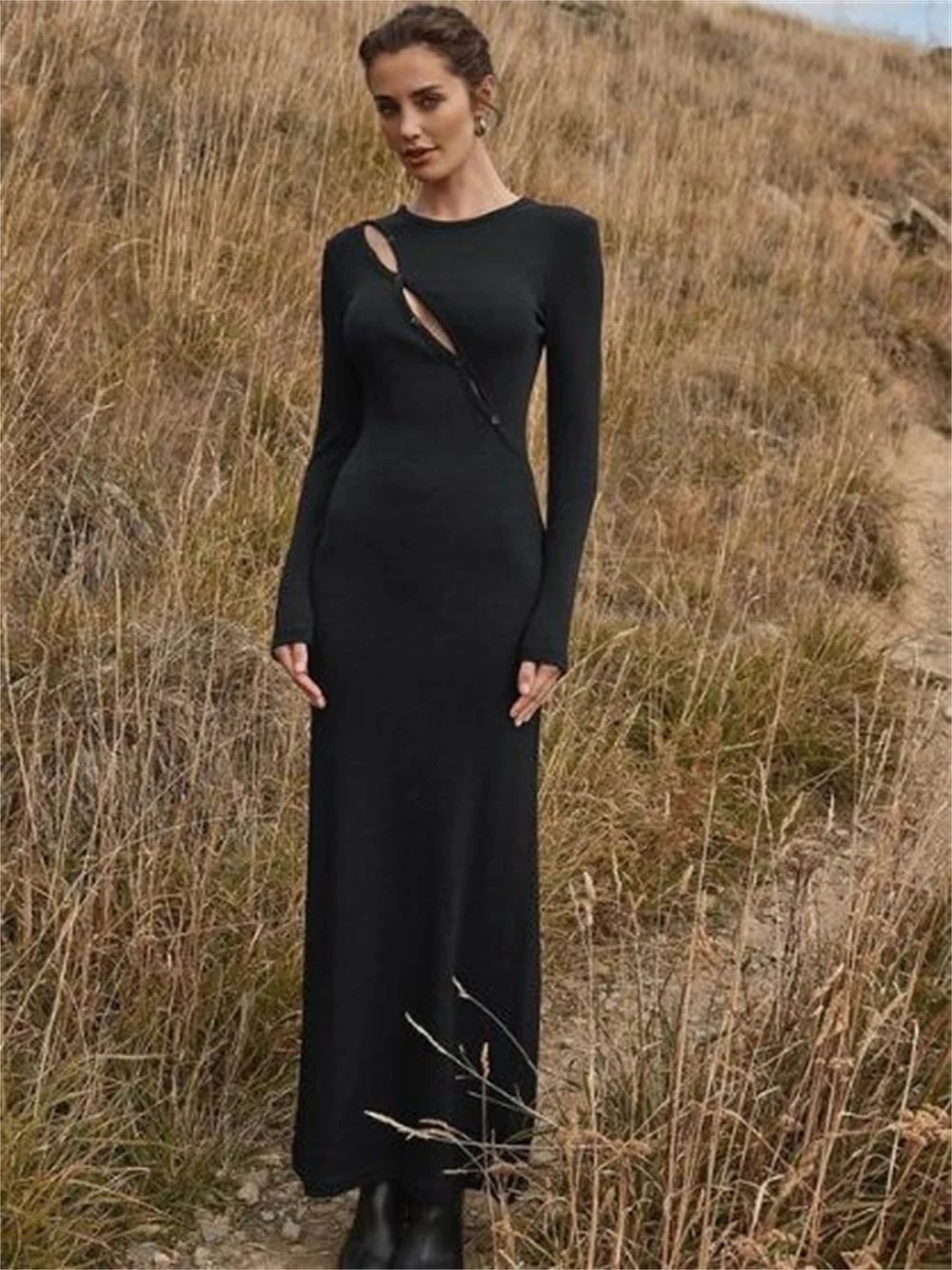 Women Knitted Black Midi Dress Autumn Slim O-neck Chest Button Hollow Out Decor Long Sleeve Maxi Dress Female Fashion Vestidos