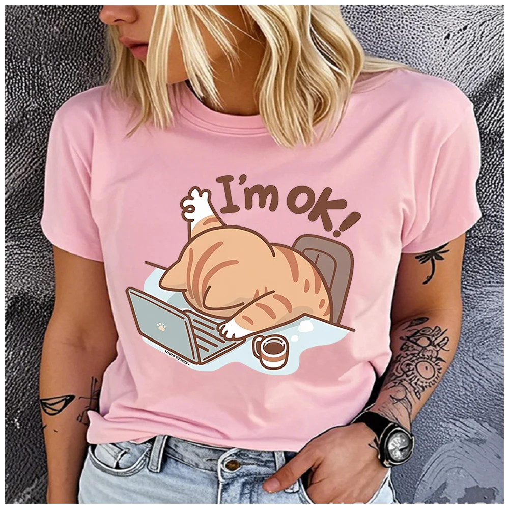 men Women's Cotton 100% Working-class cat Print T-shirt Loose round Neck Casual Short Sleeve Fashion Top  Clothing Summer