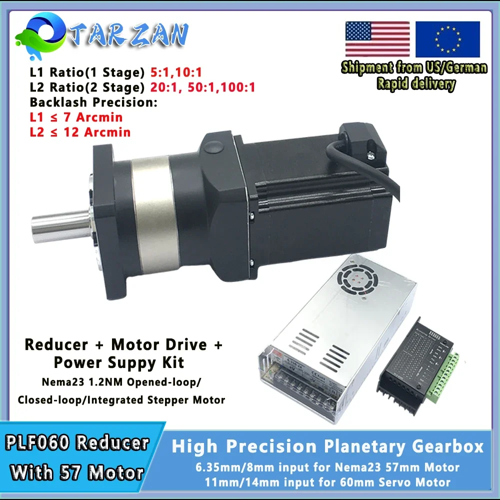

Planetary Gearbox Reducer Ratio 5-100:1 6.35/8mm/11mm/14mm Input Nema23 57mm Opened/Closed-loop Integrated Stepper Motor Drive