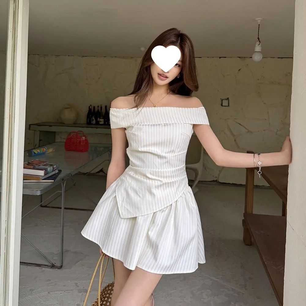 Summer 2026 Women's Stripe Waist-Cinching Slimming One-Shoulder Top Half-Skirt Puffy Skirt Casual Set Cotton Polyester Blend