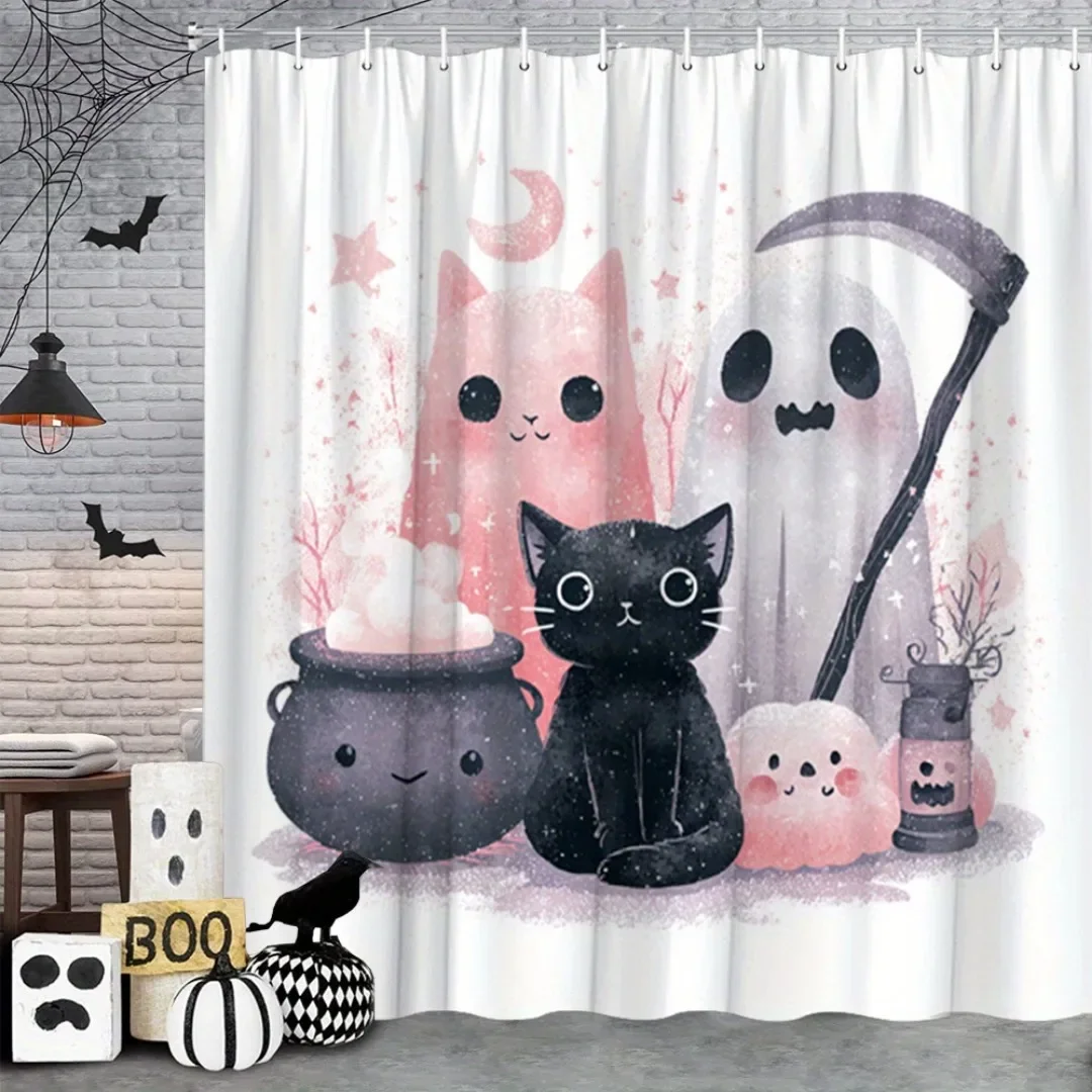 

1 шт. розовая занавеска для душа Happy Halloween Ghost Black Cat с 3D принтом, водонепроницаемая полиэстеровая занавеска для ванной для Хэллоуина, декор для ванной комнаты