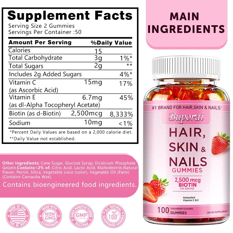 Hair, Skin and Nails Gummies - Brightens, Increase Skin Elasticity,Hair Growth,Improves Gut Function,Boost Immunity and Vitality