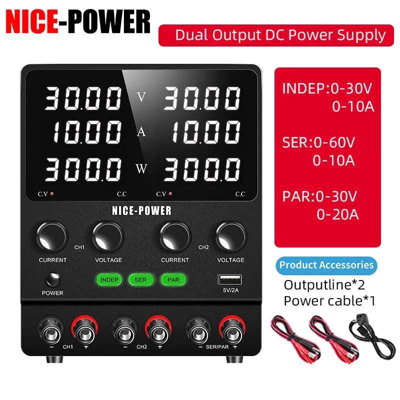 NICE-POWER Dual-Channel DC Power Supply 30V 10A,Adjustable Switching Regulated Power Supply, Series Parallel Independent 60V120V