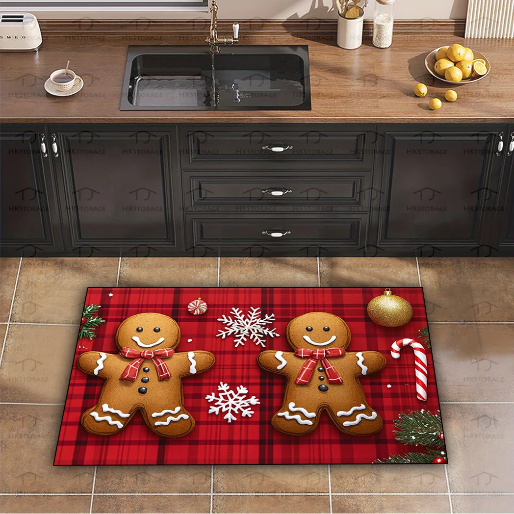 Gingerbread Christmas Kitchen Rug Non-Slip Rubber Back, Snowflake & Cookie Design, for Kitchen, Living Room, Office Decor