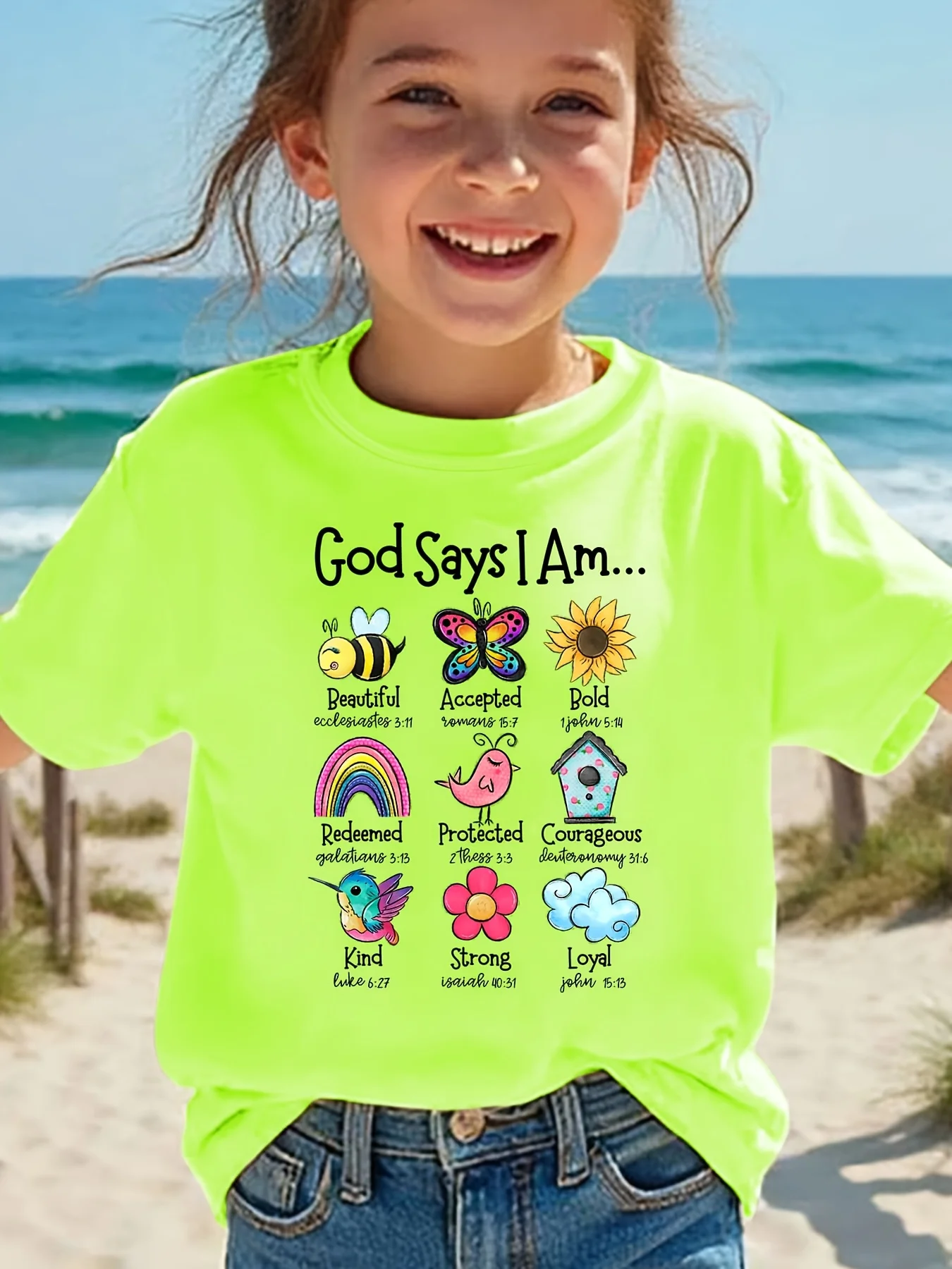 Summer Children's T-shirt GOD SAYS I AM BEAUTIFUL... Cartoon Pattern Printed with Bee Flowers Rainbow Etc Parent-child Top