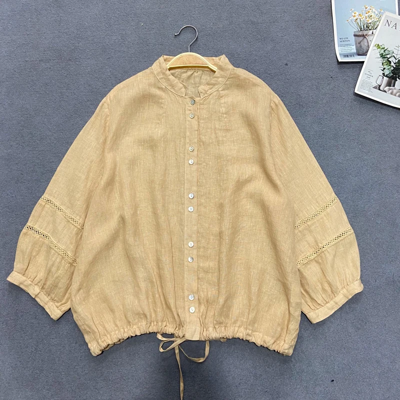 Johnature Spring Autumn 2024 New Women Japanese Vintage Short Lace-Linen Shirts Casual Stand Collar Loose All Match Female Tops