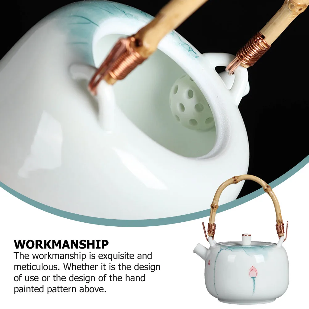 

1pc Beam Pot Elegant Ceramic Teapot Hand-Painted Bamboo Handle Heat Insulated Simple Style Whistling for Home