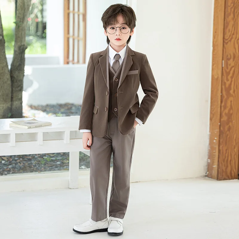 Teen Boys Velvet 3-Piece Suit Set Blazer Vest Pants with Tie School Kids Luxury Winter Formal Party Performance Outfit 4-14Y