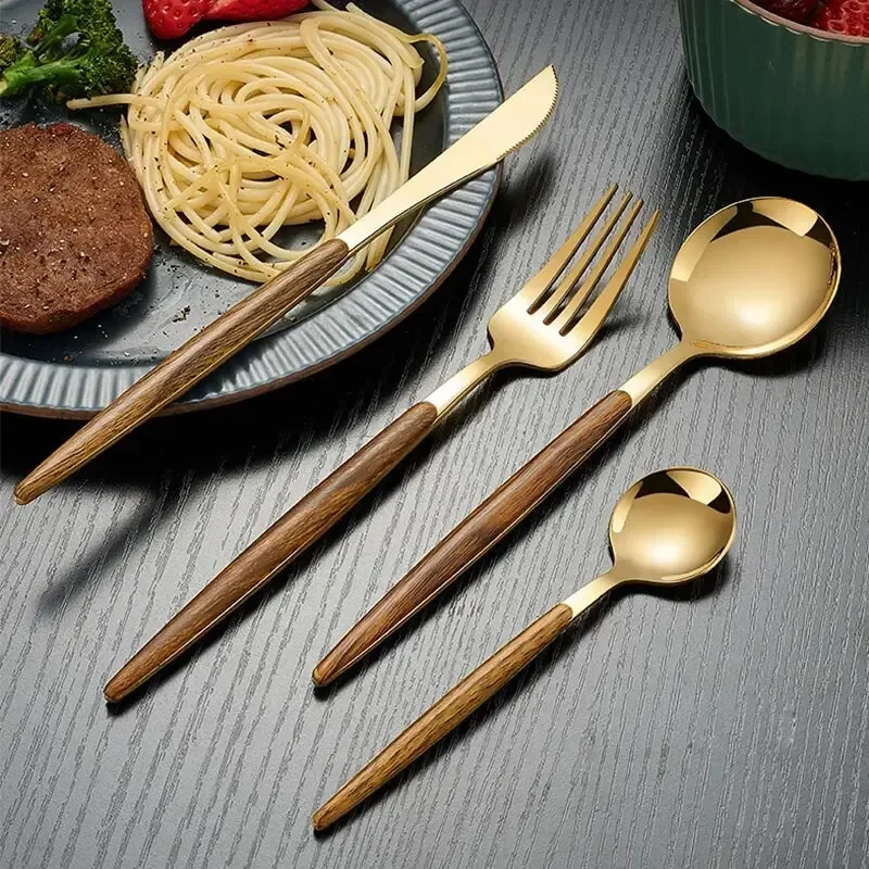 

4pcs Stainless Steel Imitation Wooden Handle Cutlery Set Dinnerware Clamp Western Tableware Knife Fork Tea Spoon