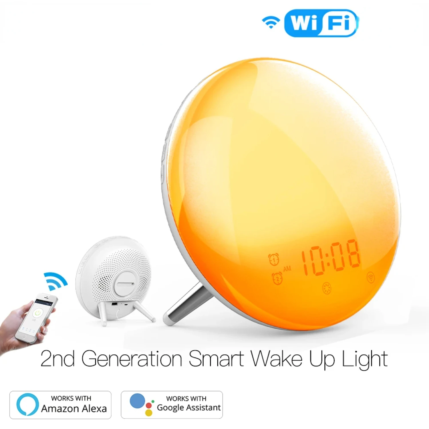 WiFi Smart Wake Light Despertador de dia de trabalho com 7 cores Sunrise/Sunset Smart Life APP funciona com Alexa