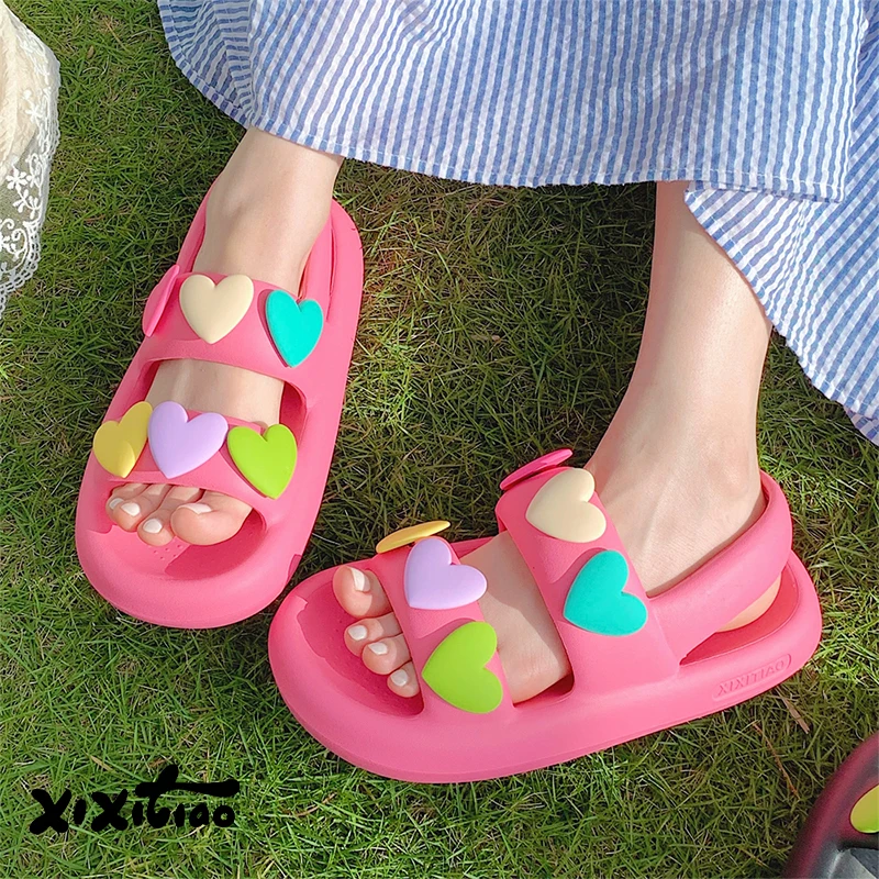 XIXITIAO Colorful Heart-Shaped Vacation Sandals For Women Summer Sweet Trendy EVA Soft Comfortable Platform Outdoor Beach Shoes