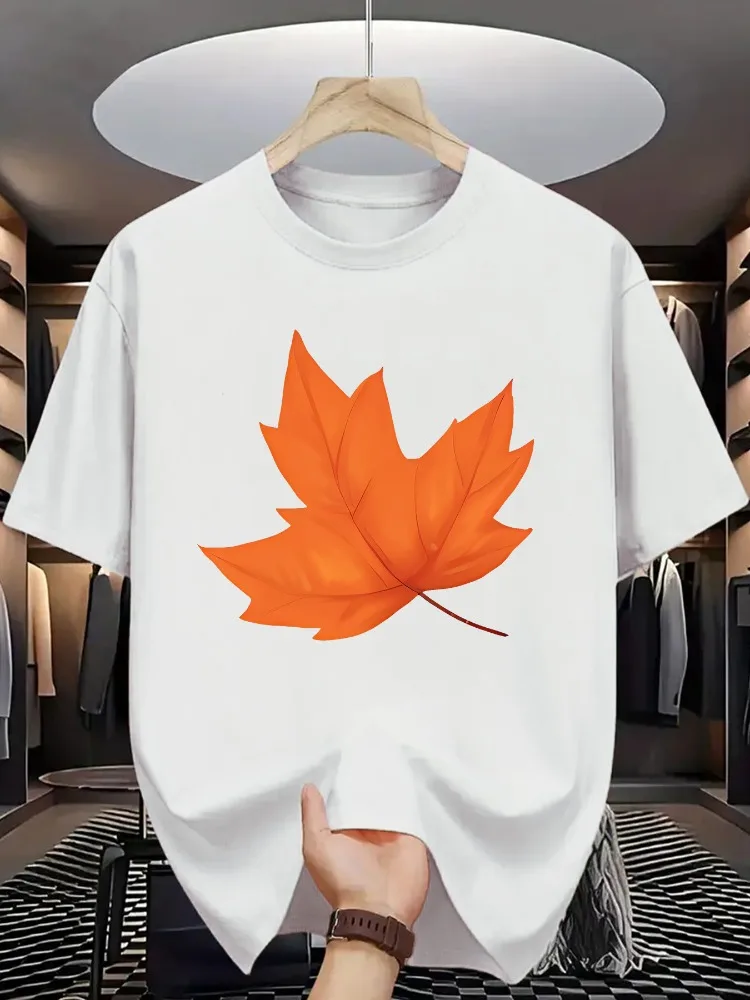Men Summer Casual Short Sleeve T Shirt Bright Orange Maple Leaf Nature Graphic Oversized Loose Tees Street Daily Fashion Tops