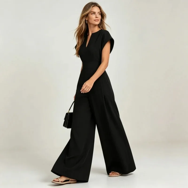 

Jumpsuits Women Rompers Wide Leg Pants V Neck One Piece Spliced Full Length Short Sleeve Solid Sashes High Street Loose