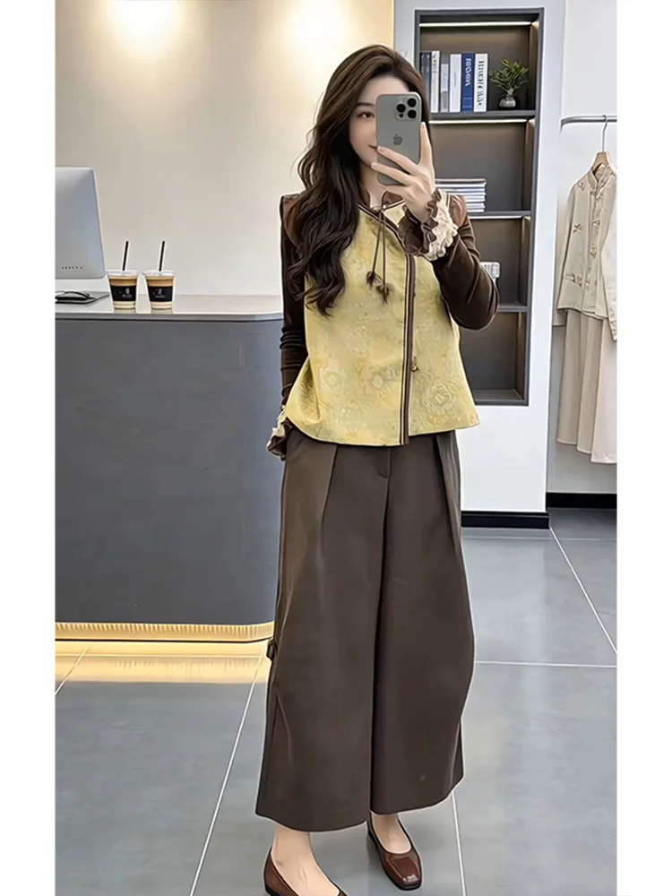 

New Chinese Style Spliced Three-Piece Set Women's 2026 Spring Autumn Vest Inner Wide Leg Pants Slimming Elegance Set