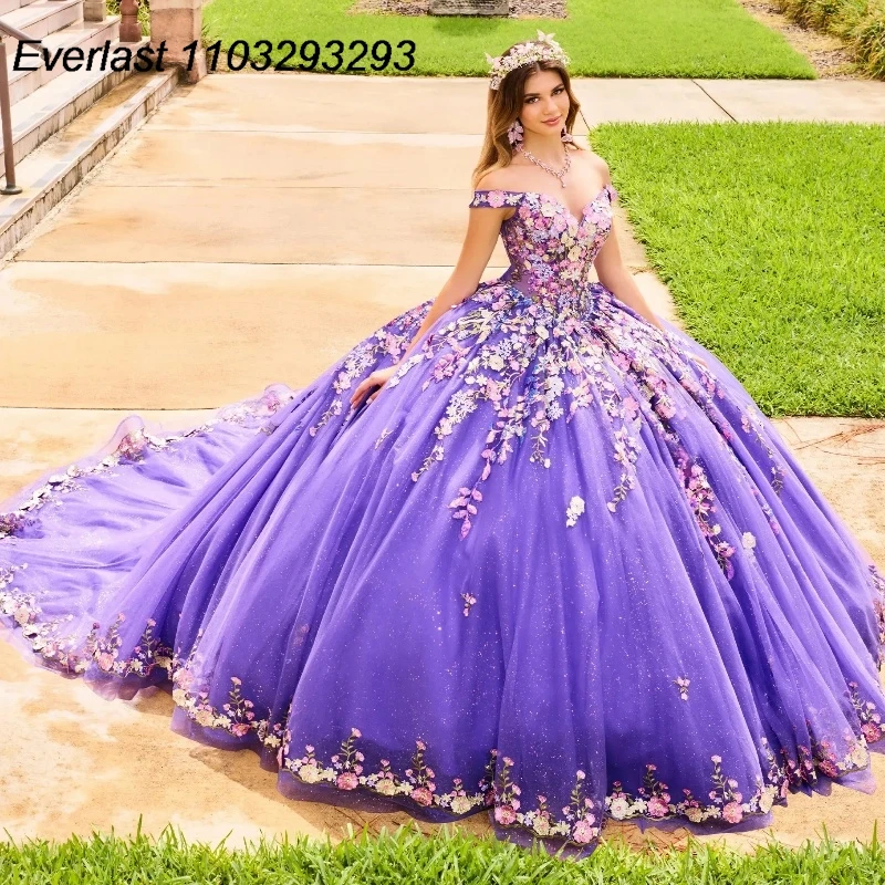 EVLAST Glitter Purple Quinceanera Dress Ball Gown 3D Colorful Floral Applique Beads With Cape Sweet 16 Vestido 15 De asenos TQD265