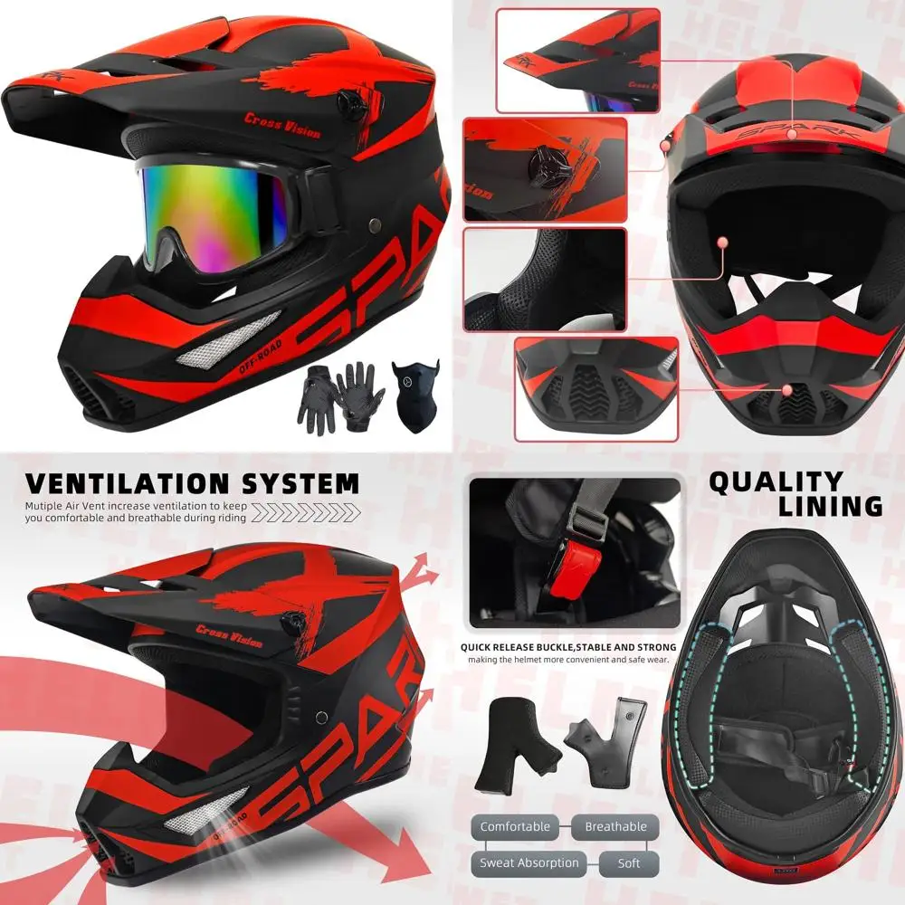 

Комплект шлемов для мотокросса для молодежи и взрослых с перчатками, очками и маской, сертифицированным DOT, 4-колесным и для бездорожья (красный, большой)