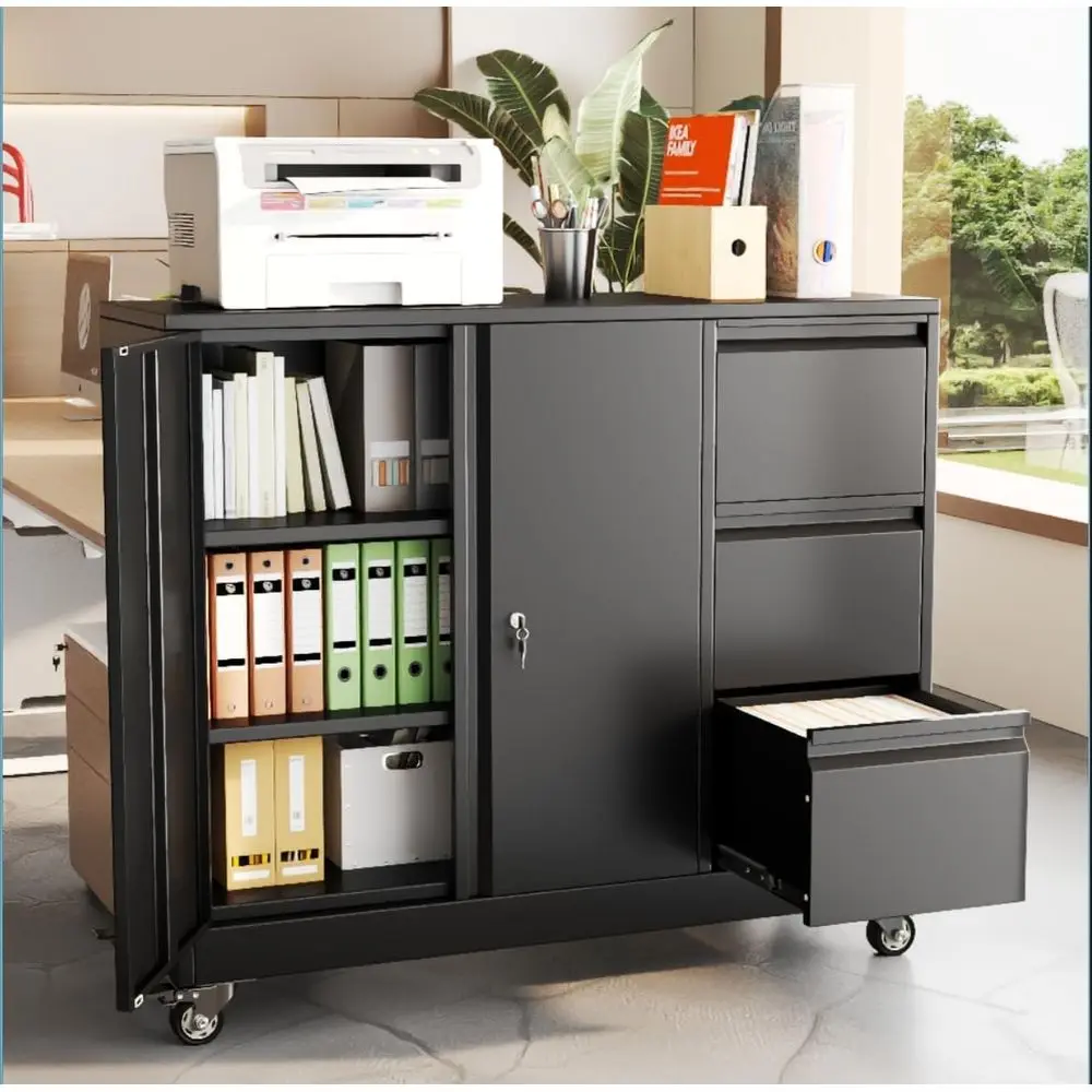 47H 3 Drawer Rolling Metal Cabinet, Lateral Filing Storage Cabinet, Office Cabinet with Adjustable Shelves & Wheels, Mobile Lock