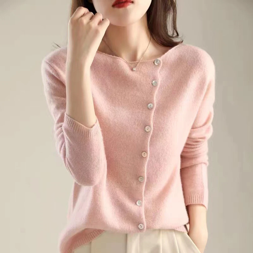 Autumn Winter Women's Knitted Sweater Solid Color Round Neck Single-breasted Cashmere Cardigan Joker Long-sleeved Warm Top