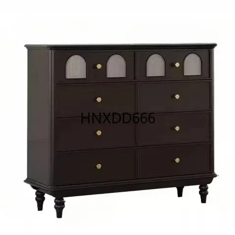 French Retro Black Solid Wood Glass Eight Spares Cabinet Living Room Sofa Edge Bedroom Storage Clothes Closet