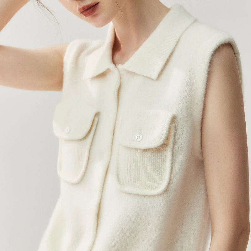 Women's 100% Cashmere Sweater Polo Collar Waistcoat Autumn Winter Vest Cashmere Knitwear Pockets Luxury Sleeveless Clothing Tops