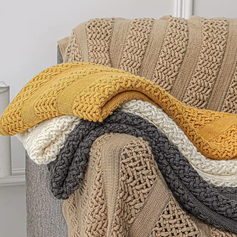 Nordic Crocheted Khaki Blanket with Tassels Travel Sofa Bed Throw Air Conditioner Hollow Plaid Blanket for Drop Shipping view 5