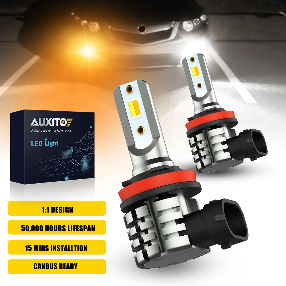2Pcs AUXITO Canbus H8 H11 LED Dual Color Fog Light 3000K 6000K 12V Auto No Error CSP Fanless Fog Bulb DRL Daytime Running Lamp