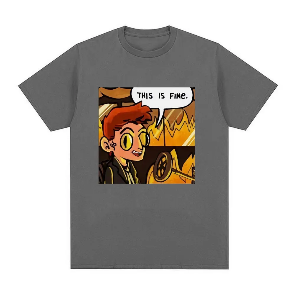 Good Omens This Is Fine Crowley Graphic T Shirt Men Fashion Vintage T Shirts Summer 100% Cotton Casual Cozy T-shirts Streetwears