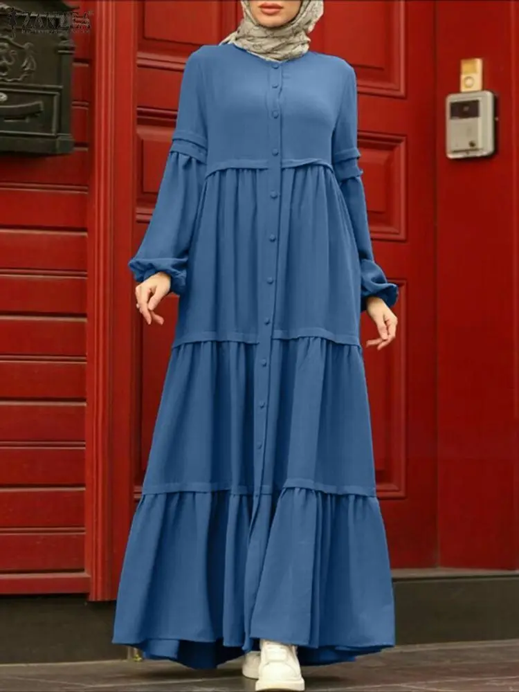 ZANZEA Muslim Hijab Dresses Ramadan Abaya Robe Femme Women Elegant Long Sleeve Pleated Sundress Solid Button Vestido Kaftan 2026