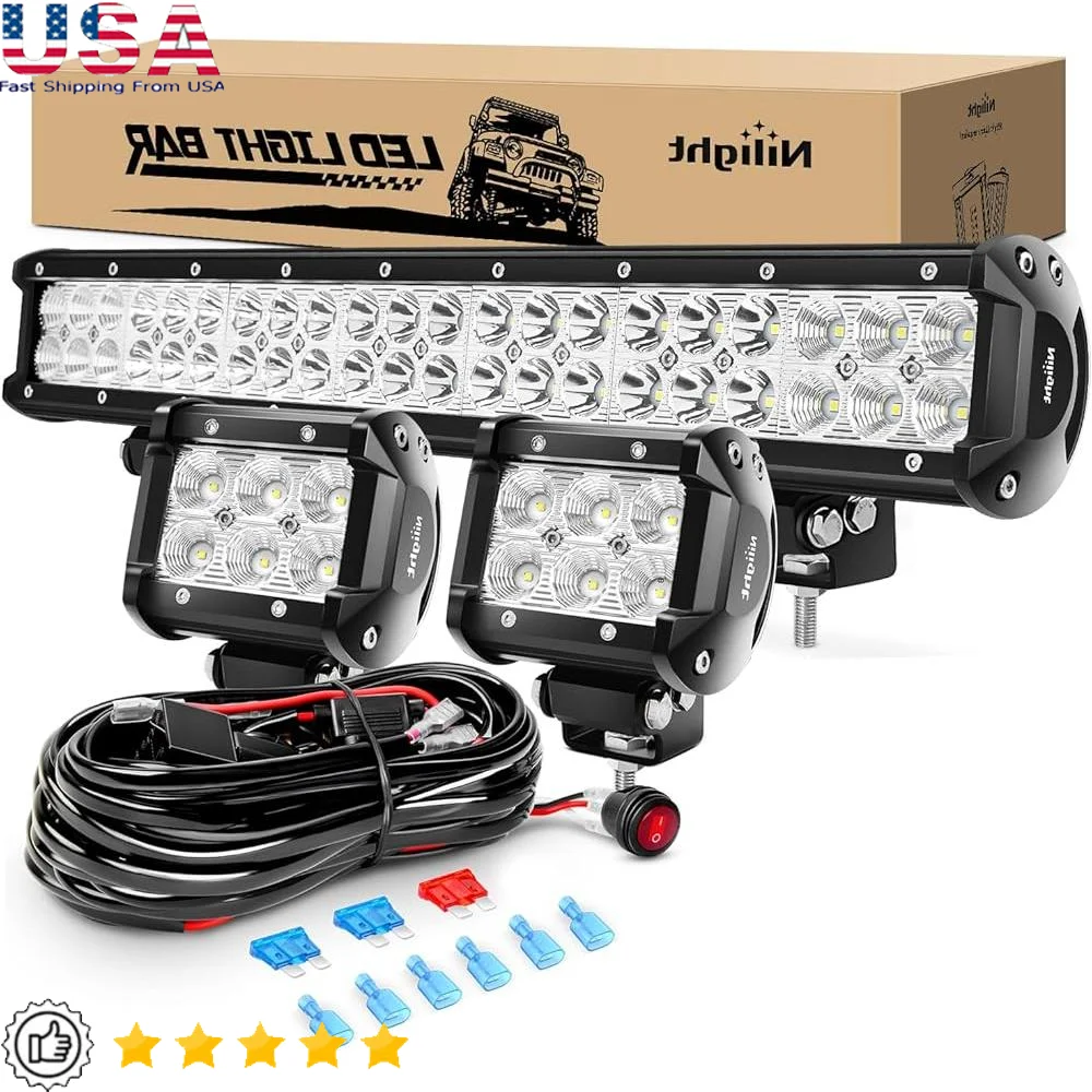 

126W Off Road LED Light Bar Combo with 2PCS 18W Flood LED Pods and 16AWG Wiring Harness Adjustable Mounting Bracket
