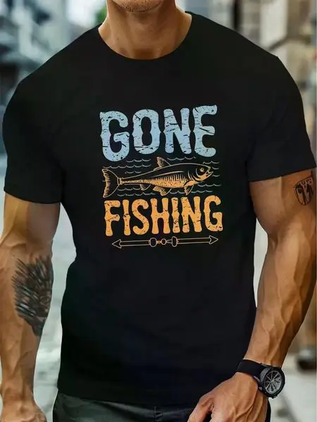 

1 pc, 100% cotton T-shirt, plus size men's summer T-shirt, Gone Fishing vintage style pattern printed short sleeve T-shirt