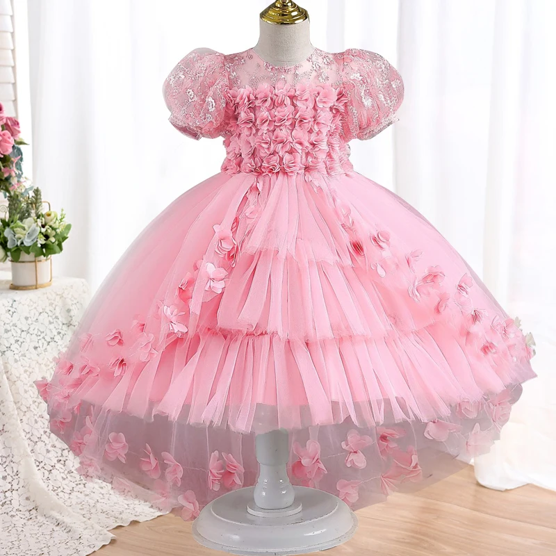 Girls' Dress 2024 New Sweet Petal Tail Princess Dress Bubble Sleeve Mesh Dress Carnival Birthday Party Performance Dress