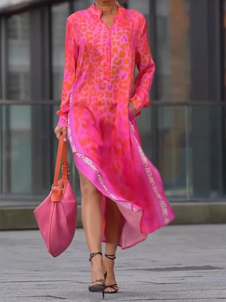 

Fashion V-neck Long-sleeved Dress For Women Spring Autumn Elegant Leopard Printing Slit Pocket Loose Casual Letter Dress Female