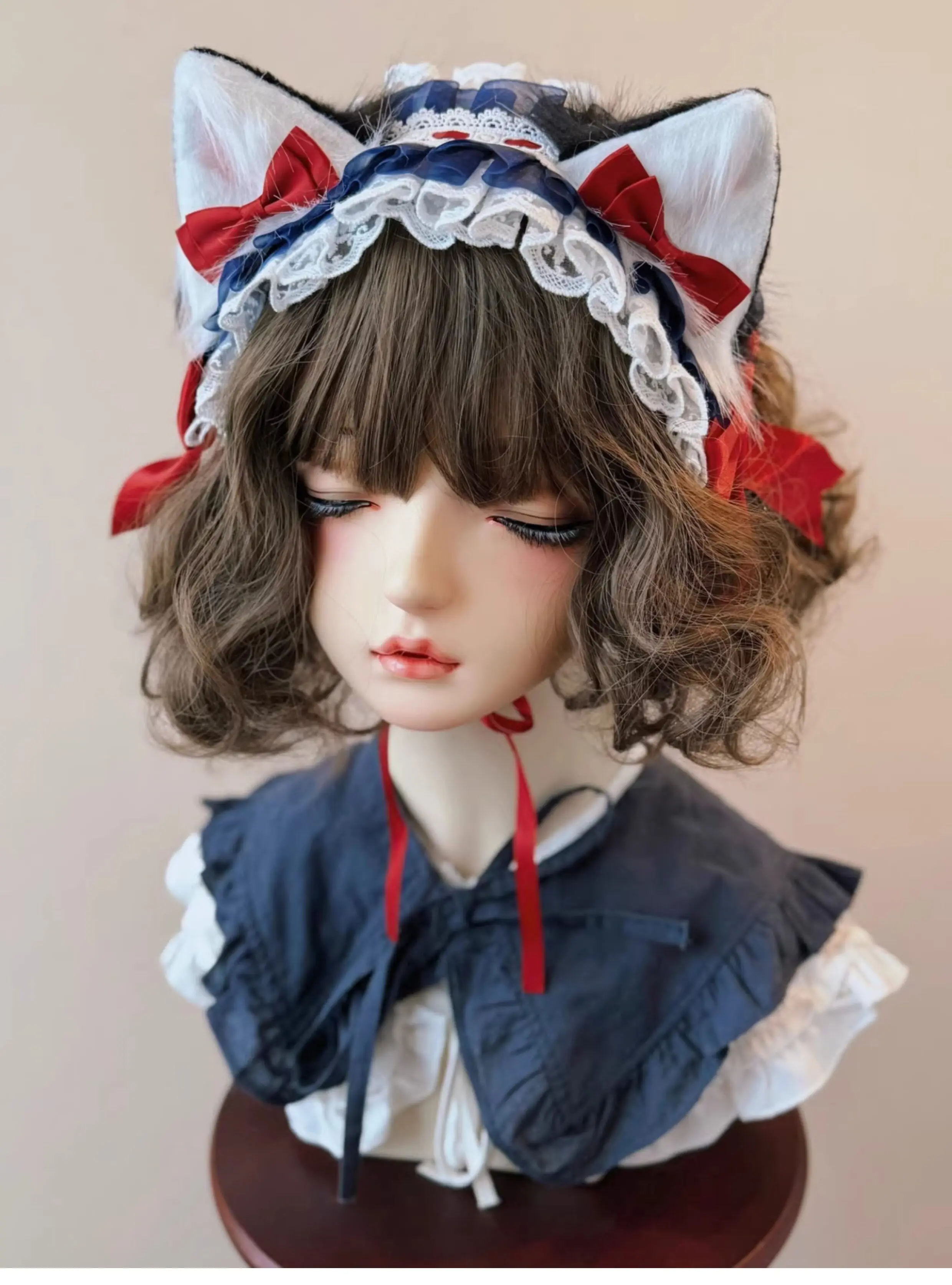 Original Handmade Red and Blue Plush Cat Ear Headband Beast Ear Lolita Lace Pleated Bnt